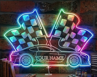 Personalized Sports Car LED Light Sign Custom Race Car Wall Decor Racing Flags Name Plate fnd-p0084-tm-c