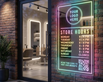 Letrero LED personalizado con espejo y horario comercial. Letrero con logotipo personalizado para escaparate. Código QR profesional. Exhibidor reflectante luminoso para ventana.