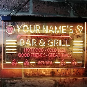 Letrero de neón LED de dos colores personalizado con nombre personalizado para bar y parrilla, barbacoa, año de creación st6-u1-tm