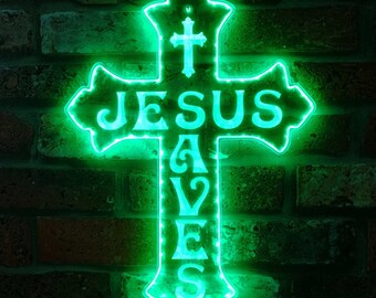Cross Jesus Saves Room Decoration RGB Dynamic Glam LED Sign - Cut