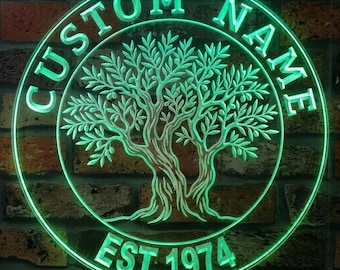 Personalized Olive Tree LED Sign Custom Family Name Plaque Established Date Wall Art fnd-p0090-tm-c