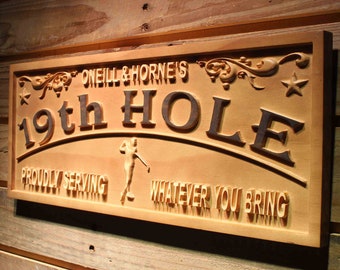 wpa0381 Nom Personnalisé Golf 19th Hole Club House Décoration Cadeaux Bois Gravé Signe en bois