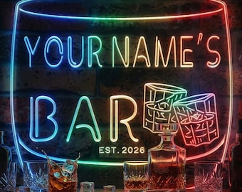 Personalized Whiskey Bar LED Sign Custom Name Established Year Home Bar Decor Man Cave Wall Art Gift for Him fnd-w10-tm-c