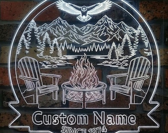 Personalized Mountain Campfire LED Light Sign Custom Family Name Cabin Wall Decor Lake House Gift Outdoor Patio Sign fnd-p0089-tm-c