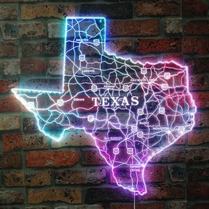 Texas Road Map Insegna LED RGB Dynamic Glam - Forma tagliata su bordo - Decorazione murale 3D intelligente - Illuminazione dinamica multicolore st06-fnd-i0001-c