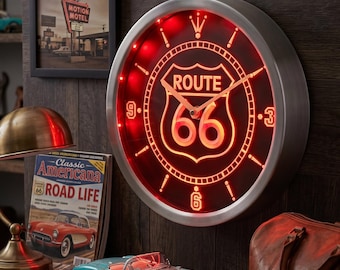 Relógio de parede LED com placa de néon personalizada para bar, garagem ou espaço masculino da Rota 66 (nc0315)