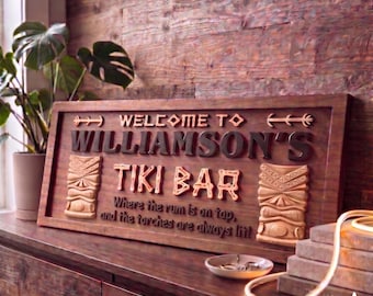 Custom Wooden Tiki Bar Sign Personalized Tropical Patio Decor Outdoor Carved Wall Art Hawaiian Luau Gift wpa0134-v