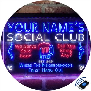 Personalized Social Club Hang Out Bar Home Bar Tri-Color LED Neon Light Sign, Unique 3D Engraved Art Decor | Customize Man Cave  st9-pz1-tm