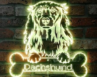 Letrero LED RGB dinámico y glamuroso de perro salchicha personalizable con nombre - Forma recortada - Decoración de pared 3D inteligente - Multicolor - st06-fnd-p0068-tm