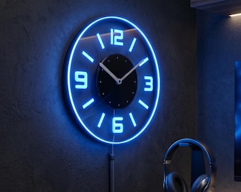 Relógio de parede com letreiro de neon para bar, com números redondos iluminados nas bordas e luz noturna de LED (cnc2001)