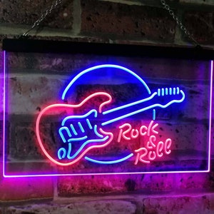 Rock & Roll Electric Guitar Band Room Music Dual Color LED Neon Sign ...