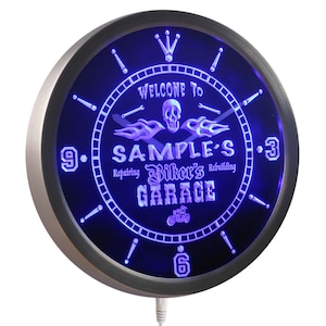 Personalized Name Biker&#39;s Skull Garage Motorcycle Neon Sign LED Wall Clock ncqu-tm