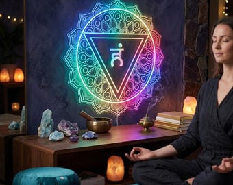 Letrero de neón LED del chakra de la garganta, arte de pared de meditación y yoga Vishuddha, luz de mandala que cambia de color RGB, decoración espiritual zen para el hogar fnd-i0382
