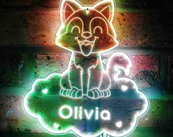Letrero de neón LED personalizado de un zorro en una nube - Luz nocturna con nombre personalizado para la habitación del bebé o de los niños - Decoración de pared de animales hecha a mano fnd-p0005