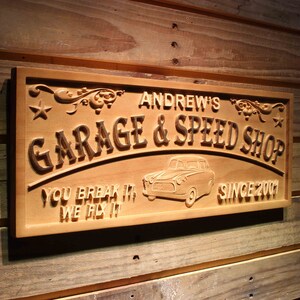 wpa0382 GARAGE & SPEED SHOP Name Personalized Man Cave Gifts Wood Engraved Wooden Sign