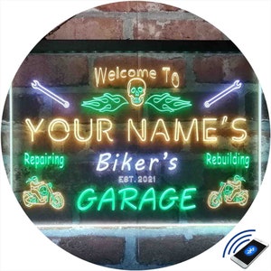 Personalized Biker&#39;s Garage Home Bar Tri-Color LED Neon Light Sign,a Unique 3D Engraved Art Decor | Customize Name Date Man Cave  st9-qu1-tm
