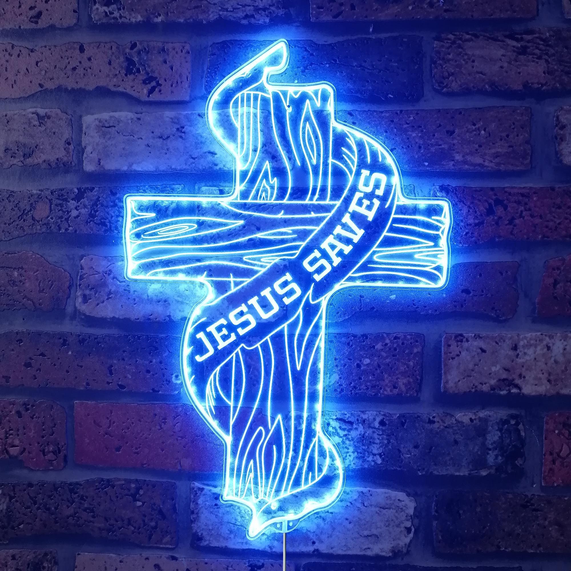 Jesus Saves Wood Cross With Ribbon RGB Dynamic Glam LED Sign - Cut