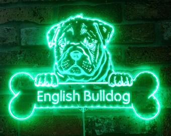 Letrero LED RGB dinámico y glamuroso con diseño de bulldog inglés personalizable - Forma recortada - Decoración de pared 3D inteligente - Multicolor - st06-fnd-p0069-tm