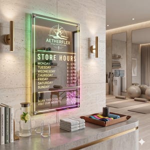 Könnte beinhalten: Ein rechteckiges Acrylschild mit leuchtendem Neonrand, das das Aetherflex Stretch Atelier Logo, die Öffnungszeiten von Montag bis Sonntag sowie einen QR-Code zeigt. Das Schild ist an einer hellen Steinwand zwischen zwei goldenen Wandleuchten montiert.