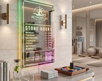 Placa de LED espelhada personalizada com horário comercial, sinalização personalizada para fachada de loja, código QR profissional, vitrine refletiva iluminada.