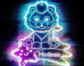 Letrero de neón LED personalizado con diseño de león para habitación infantil - Nombre personalizado y estrella fugaz - Decoración única para dormitorio infantil - Regalo para baby shower fnd-p0004