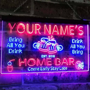 Neonreclame voor thuisbar op maat - gepersonaliseerd decor led-barverlichting - muurkunst mangrot - bord 'breng je eigen bier' mee - cadeau voor bierliefhebbers - st6-p1-tm