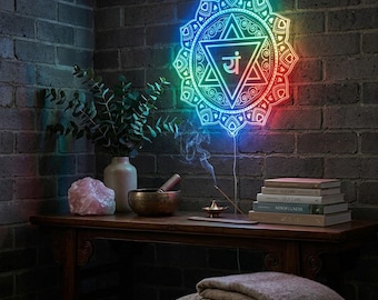 Letrero de neón LED Anahata Chakra del Corazón Arte mural mandala para estudio de yoga Sala de meditación zen Decoración Geometría sagrada espiritual Luz Gif fnd-i0384
