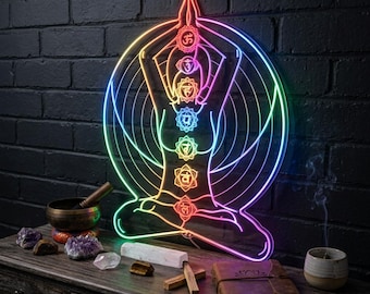 Letrero de neón Chakra Yoga, arte de pared LED Lotus Zen para sala de meditación y gimnasio en casa, decoración grande iluminada de 7 chakras para estudio de yoga fnd-i0388