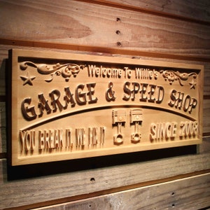 wpa0468 Name Personalized Garage & Speed Shop Break It Fix It Est. Year Man Cave Wood Engraved Wooden Sign