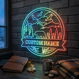 Placa de LED personalizada Bear Mountain, arte de parede personalizada com tema de floresta selvagem, decoração de cabana, presente para entusiastas da natureza, sinalização residencial fnd-p0087-tm-c