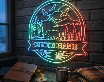 Personalized Bear Mountain LED Sign Custom Wilderness Forest Wall Art Cabin Decor Gift Nature Enthusiast Home Signage fnd-p0087-tm-c