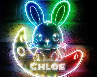Letrero de neón personalizado de conejito y luna - Decoración LED con nombre personalizado para la habitación del bebé - Colores arcoíris - Regalo para niña fnd-p0003