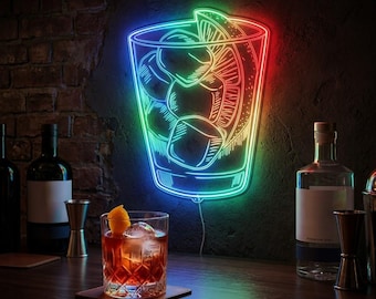 Letrero de neón con forma de copa de cóctel, luz LED multicolor, decoración de pared para whisky con hielo, letrero para bar en casa, cueva de hombre, club nocturno fnd-i0144