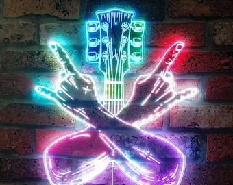 Guitar Rock n Roll Hand Rock Pop RGB Dynamic Glam LED Sign - Cut-to-Edge Shape - Smart 3D Wall Decoration - Multicolor st06-fnd-i0025-c