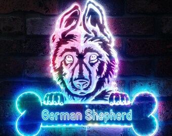 Letrero LED RGB dinámico y glamuroso con diseño de pastor alemán, personalizable, con borde recortado, decoración de pared 3D inteligente, multicolor, st06-fnd-p0071-tm