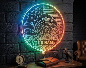 Personalized Bald Eagle American Flag LED Sign Custom Name Patriotic Wall Art US Pride Decor Gift for Men Veterans fnd-p0083-tm-c