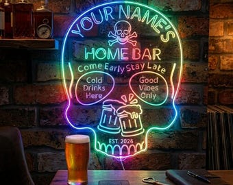 Custom Home Bar Neon Sign Personalized Skull LED Wall Decor Man Cave Pub Sign Beer Mug Sign Established Date Sign fnd-p11e-tm-c