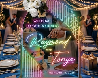 Letrero de bienvenida personalizado para bodas con efecto neón LED, diseño moderno, arqueado y ondulado, ideal para la recepción.