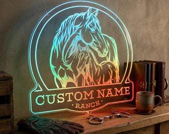 Custom Horse Ranch LED Neon Sign Personalized Equestrian Wall Decor Farm Name Plaque Gift for Horse Lover fnd-p0088-tm-c
