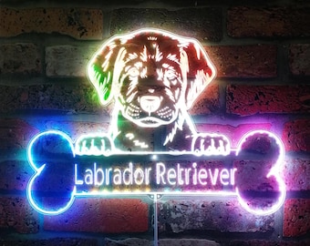 Letrero LED RGB dinámico y glamuroso de Labrador Retriever con nombre personalizado - Forma recortada - Decoración de pared 3D inteligente - Multicolor - st06-fnd-p0075-tm