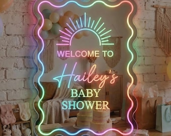 Espejo personalizado para baby shower, letrero de neón con nombre personalizado, decoración de pared para guardería, espejo ondulado con luz, fondo para fiesta.