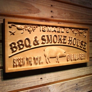 wpa0419 BBQ & SMOKE HOUSE Name Personalized Pig Decor Wood Engraved Wooden Sign