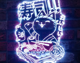 Sushi Cat Japanese Food Open RGB Dynamic Glam LED Sign - Cut-to-Edge Shape - Smart 3D Wall Decoration - Multicolor st06-fnd-i0210-c