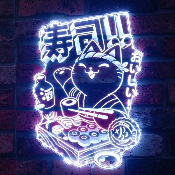 Sushi Cat Japanese Food Open RGB Dynamic Glam LED Sign - Cut-to-Edge Shape - Smart 3D Wall Decoration - Multicolor st06-fnd-i0210-c