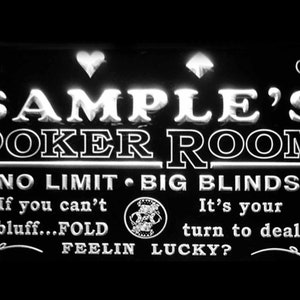 Puede incluir: Un letrero en blanco y negro con el texto "SAMPLE'S POKER ROOM" y las palabras "NO LIMIT - BIG BLINDS". Debajo del texto hay una imagen estilizada de una ficha de póquer con el texto "If you can't bluff...FOLD FEELIN LUCKY?" y "It's your turn to deal."