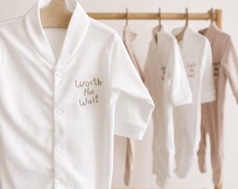 White 'Worth the Wait' Embroidered 100% Cotton Onesie | Newborn Coming Home Outfit | Rainbow Baby Gift