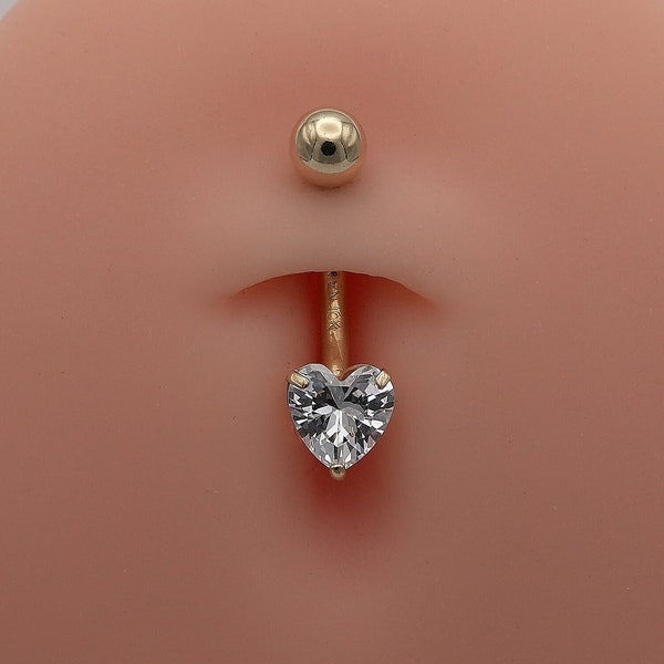 14k Yellow Gold Heart Shaped CZ Belly Ring / 14k Heart Belly Button Ring / White Gold Navel Ring / Heart Belly Ring Gold Gift Box Included