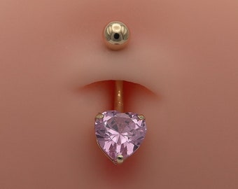 10k Yellow Gold Pink Heart CZ Belly Ring Dangle / 10k Heart Belly Button Ring / Gold Navel Ring / Real Gold Gift Box Included