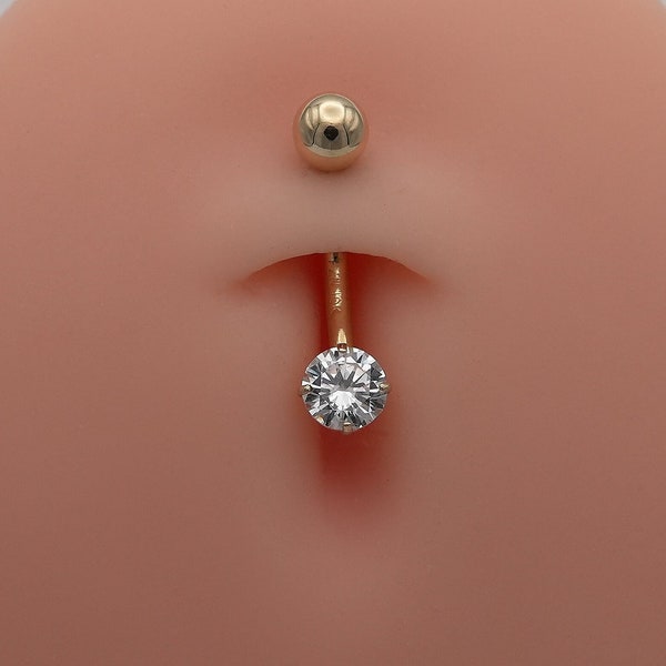10k Yellow Gold Polished 5mm Round CZ  Dangle Belly Ring / 10k Belly Button Ring / Gold Navel Ring / Belly Ring Real Gold Gift Box Included