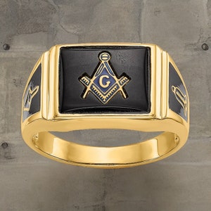 10k Yellow Gold Men's Masonic Ring Onyx Stone 1 ct. Made in USA Gift Box Included Brotherly Love, Relief, & Truth / Traveling Man Ring